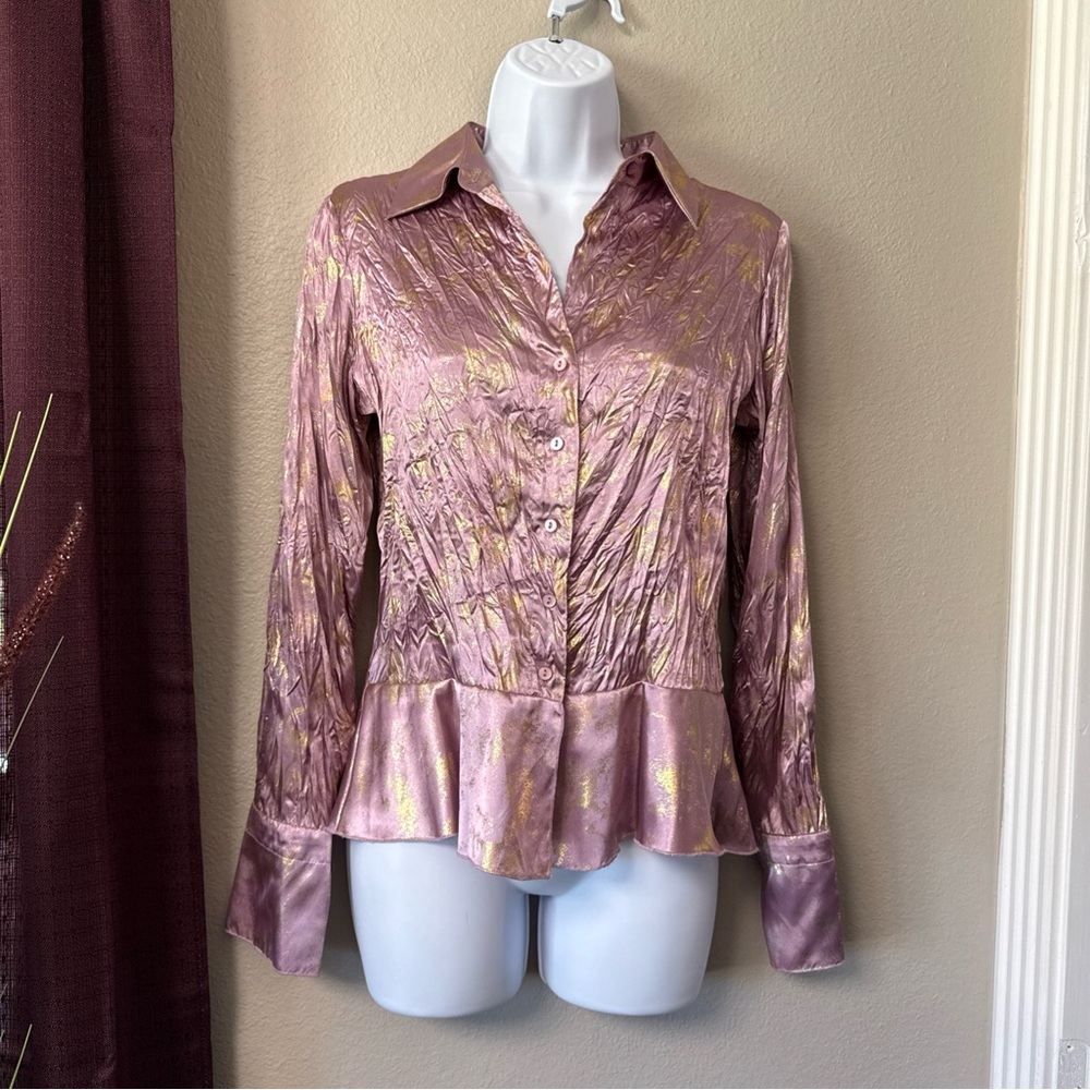 #770 Allison Taylor purple/Gold Leaf Long Sleeve Button-Down Blouse Size Small